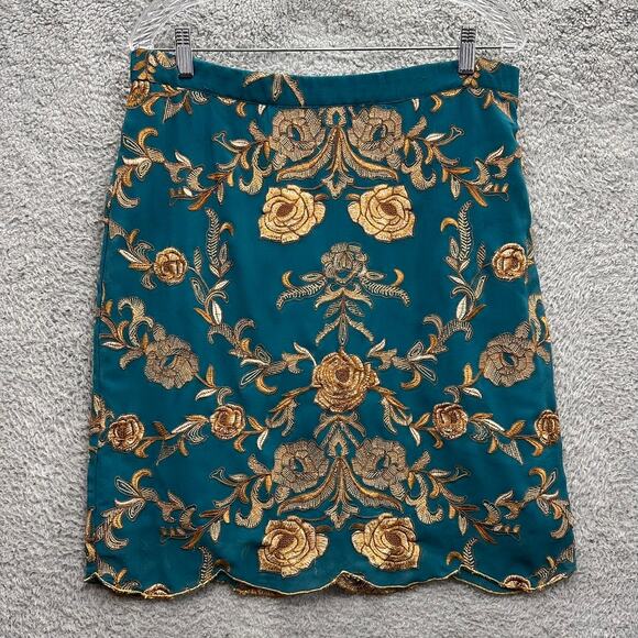 Yoana Baraschi Rosette Skirt Size 14 Turquoise with Golf Floral Embroidery Lined - Picture 2 of 13